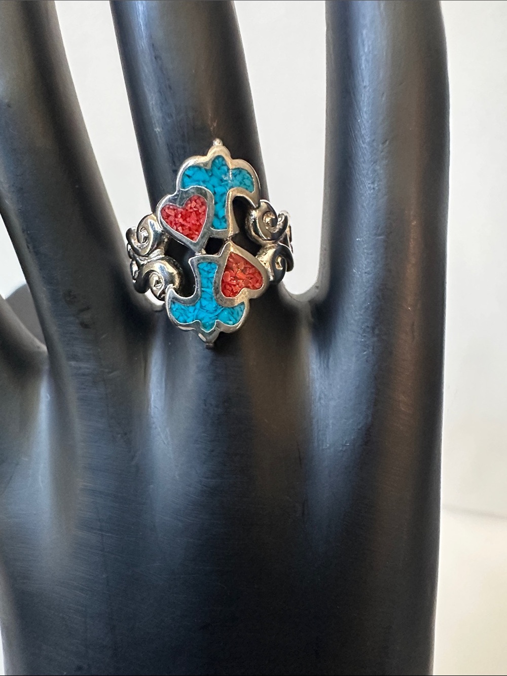 Turquoise & Coral Heart Inlay Silver Tone Size 7 - Women Jewelry
